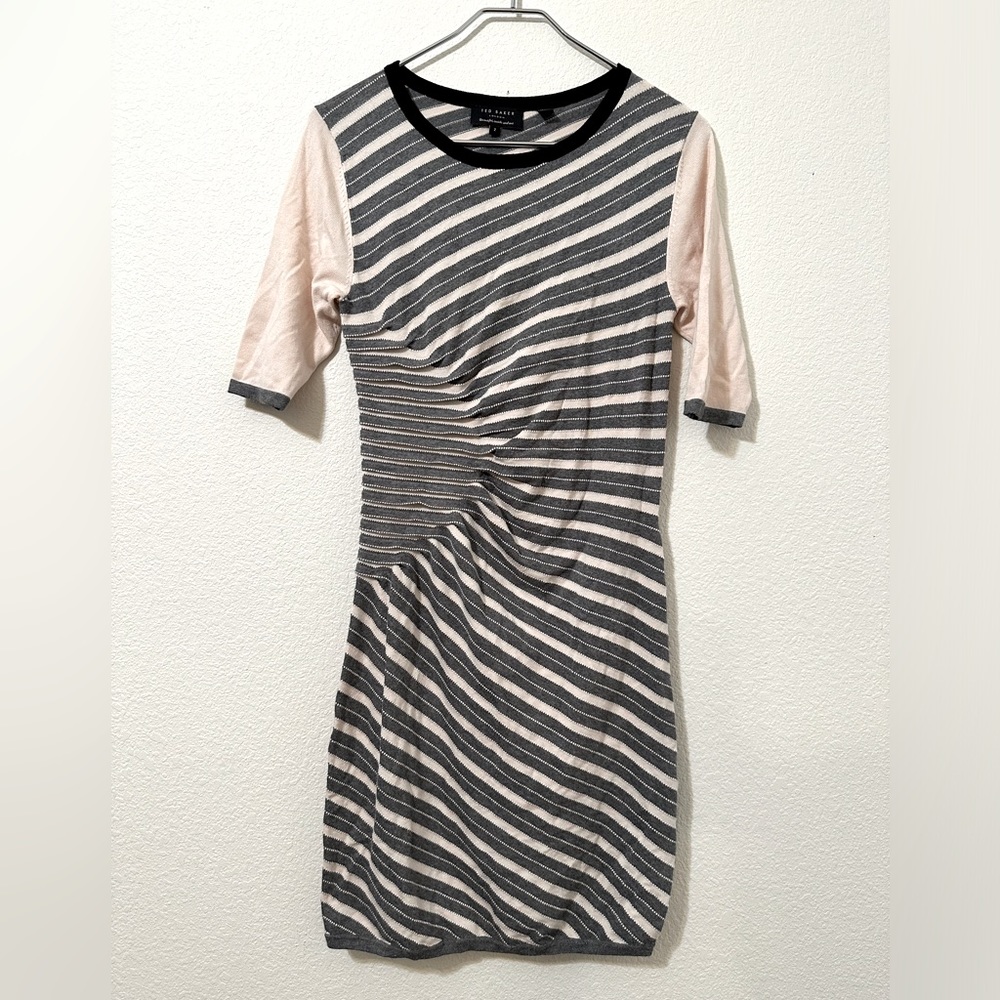 TED BAKER Knit Striped Sweater Dress With Pleat Detail Size 2 EUC